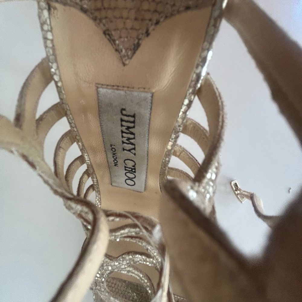 Jimmy Choo Shimmering Gold Metallic python Strappy Heels w/dust bag - Picture 3 of 10